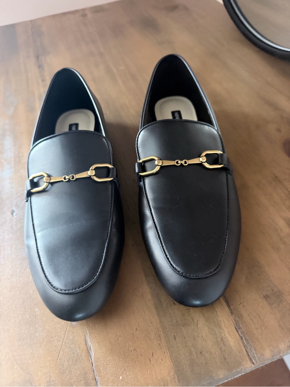 Nine West Black Leather Loafers with Gold Horsebit